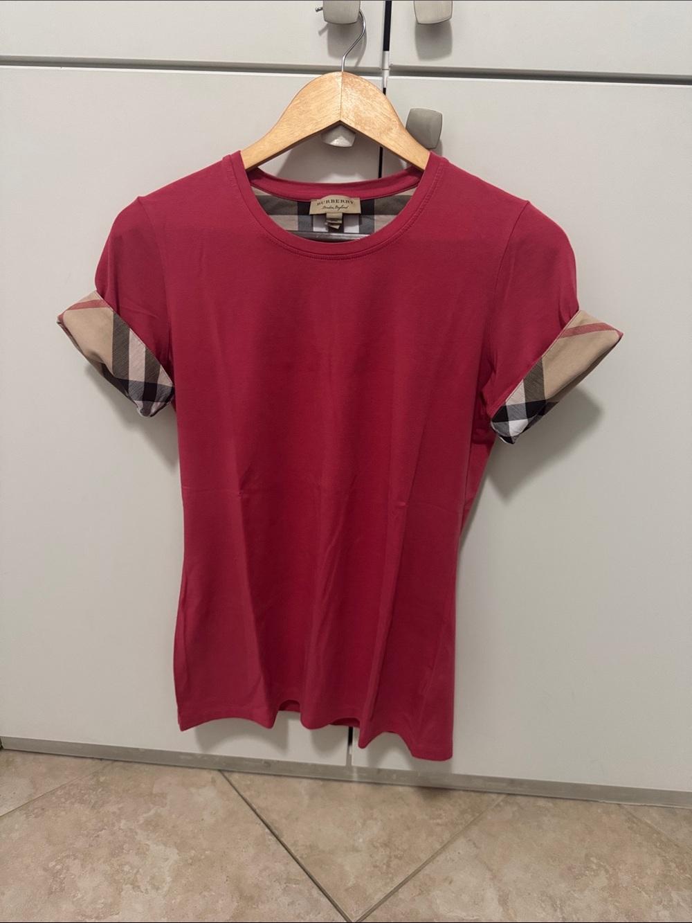 Burberry Women's Short Sleeve Crewneck Tee in Berry with Check Cuff